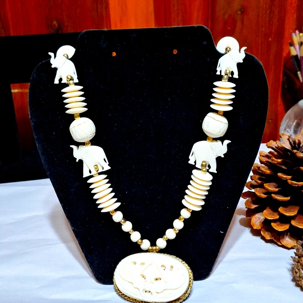 Vintage carved bone statement necklace